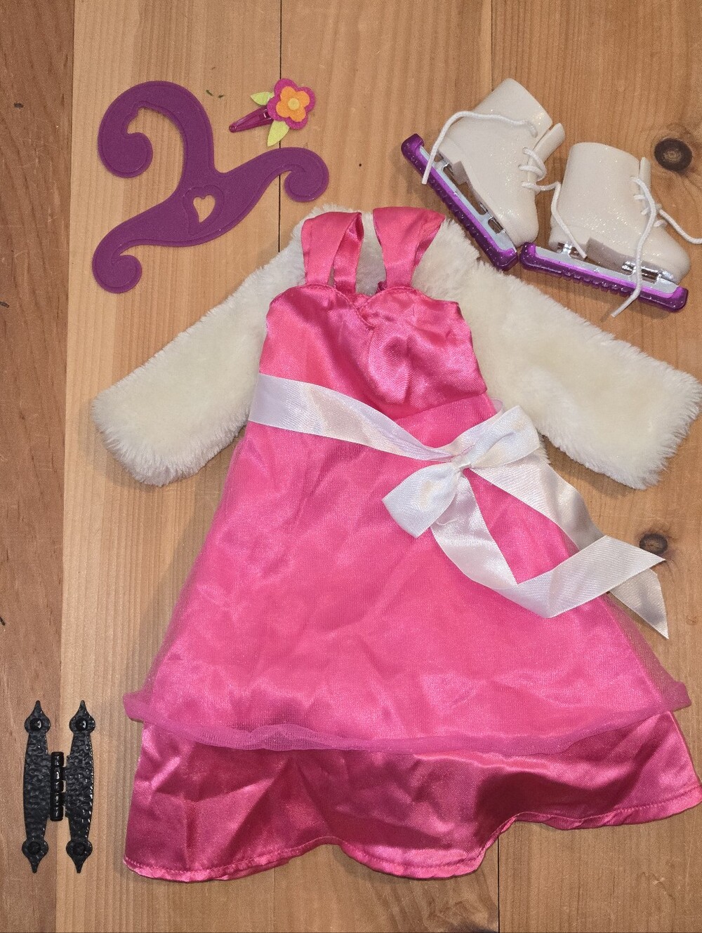 18" Outfit, Pink Satin Doll Dress with White Faux Fur Coat and Ribbon Fits AG
